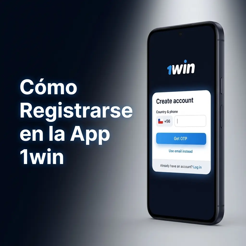 Pantalla de registro en la app 1win con opciones por teléfono, correo o red social para usuarios en Chile