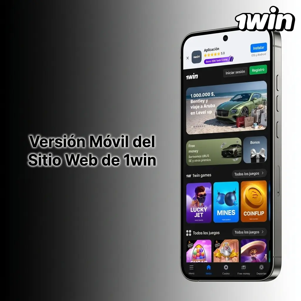 Versión móvil de 1win en smartphone con casino, apuestas y gestión de cuenta desde el navegador
